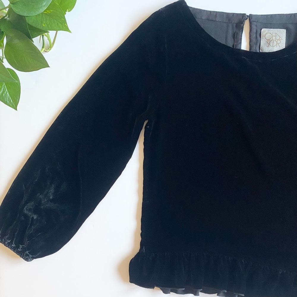Chaser Black Velvet Ruffled Hem Top, Size Small